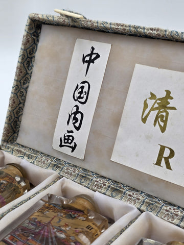 RARE RIVERSCENE CHINESE ASIAN PAINTED SET OF 6 SNUFF BOTTLES IN PRESENTATION BOX