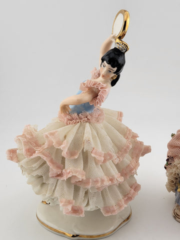 Set Of 2 Volkstedt Germany Dresden Lace Small Ballerina Pink Porcelain Figurines