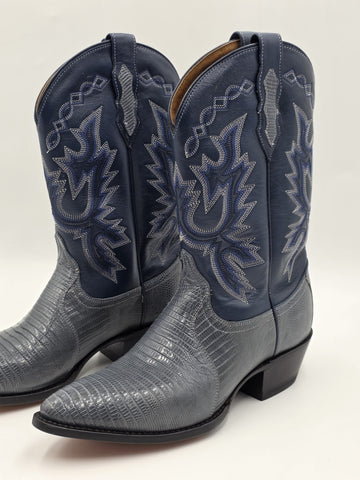 Vtg Dan Post Genuine Lizard Cowboy Boots Mens 9M Blue Denim Gray Exotic Western