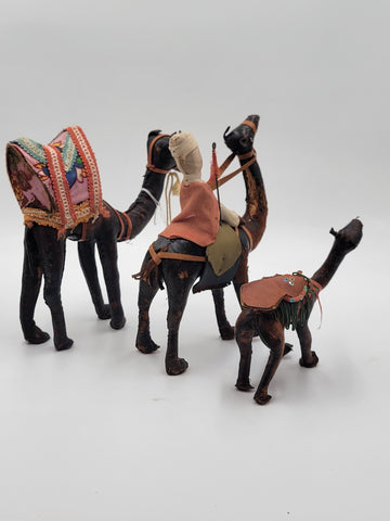 Rare Set Of 3 Antique Handmade Leather Camels W Saddles Nativity. Circa 1910.