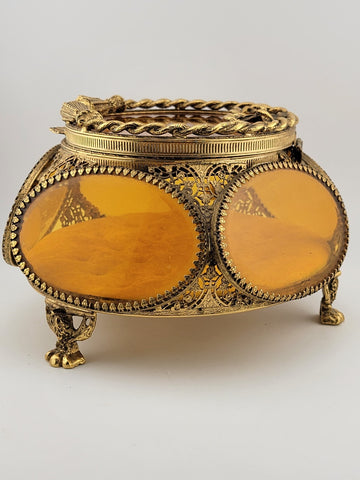 Antique Ormolu Filigree Trinket Casket Vitrine Box, 5-Sided Beveled Amber Glass