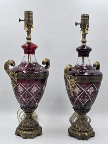 Pair Bohemian Ruby Red Crystal Lamp, Cut-to-Clear Czech Glass, Hollywood Regency