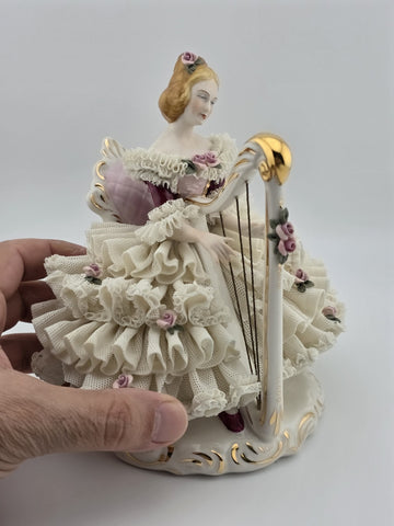Antique C1930's Dresden Lace Porcelain Harp Lady Figurine Crown D Germany.