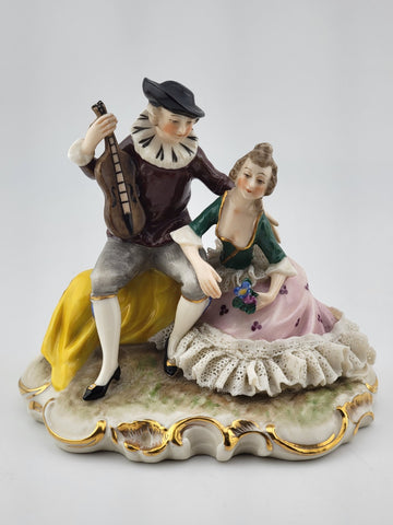 Set Of 2 Antique 19th C Victorian Dersden Germany Laced Figurine Courting Couple