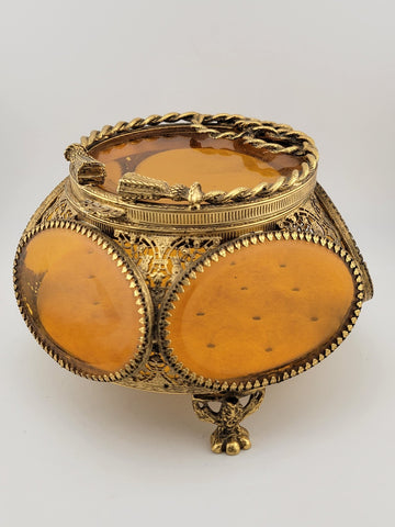 Antique Ormolu Filigree Trinket Casket Vitrine Box, 5-Sided Beveled Amber Glass