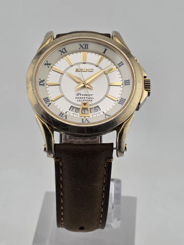 Vintage Seiko Premier SNQ118 Perpetual Calendar Brown Leather Band Mens Watch