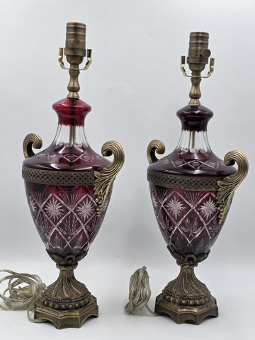 Pair Bohemian Ruby Red Crystal Lamp, Cut-to-Clear Czech Glass, Hollywood Regency
