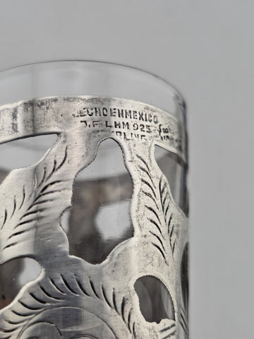 SET Of 6 MID-CENTURY MEXICO STERLING SILVER 3.5" PIERCED CORDIALS, GLASS LINERS