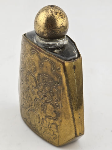 Mid Century Miniature French  Perfume Bottle in Gold Tone with Engraved Flowers.