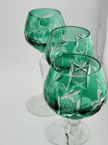 Set Of 4 Lausitzer Bohemian Crystal Green Cut Glass Etched. No Chips Or Cracks