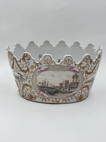 Chinese Export Porcelain Jardiniere C 1920 European Harbor Scene Gilt Cachepot