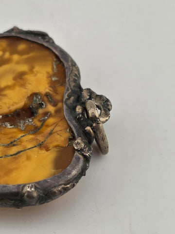 Rare Antique Set Of Natural Baltic Amber Floral Hat Pin &Pendant Sterling Silver