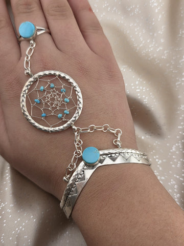 Vintage RB 925 Sterling Silver Turquoise Hand Chain Slave Bracelet Southwestern