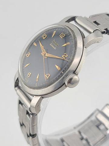 Vintage 1950 Zodiac Hermetic Swiss Black Dial Gilt Numerals Manual Watch. Works