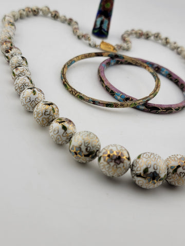 Vintage Elegent Set Of Cloisonne Accessories 2 Bracelets, Necklace & Nail Guard.