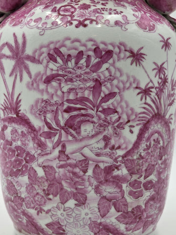 Vintage Chinese Porcelain Pink Chinoiserie Vase w Pommegranate Flowered Handles