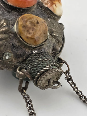 Antique 1900 Imperial Russian Brass & Stone Perfume Bottle Vial Pendant Necklace