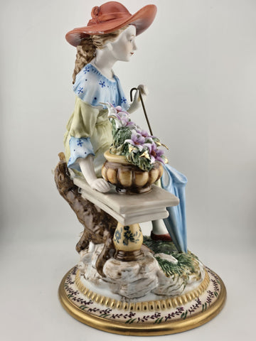 Vintage Dresden RK Germany Large Porcelain Figurine Lady W Parasol Flowers 12”