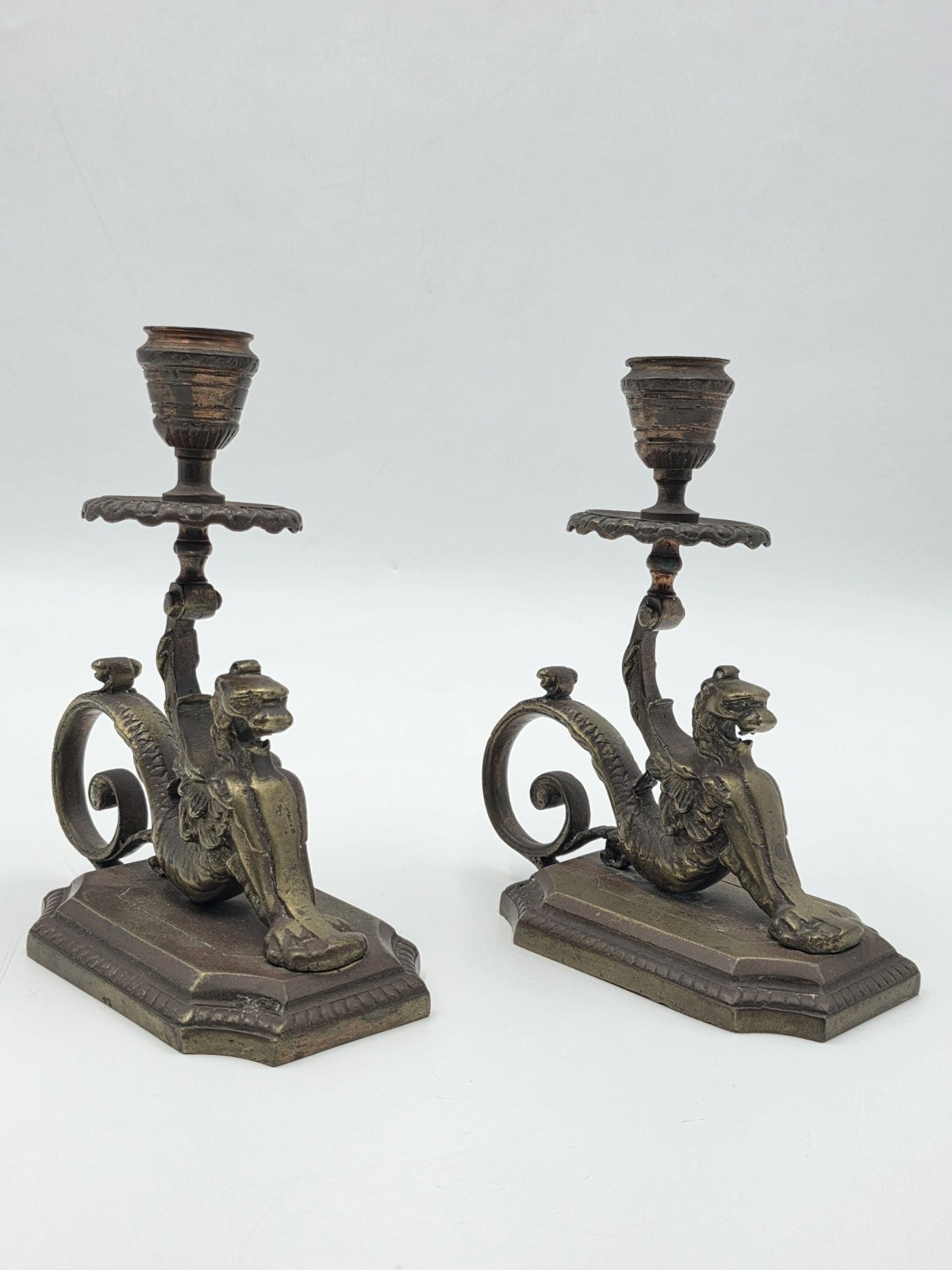Antique Pair Solid Bronze Griffin Candlesticks Renaissance Revival Winged Lions