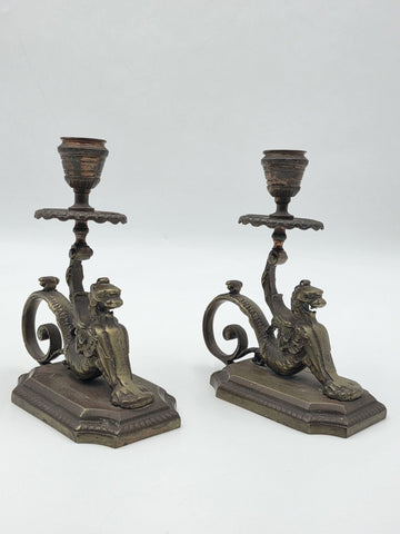 Antique Pair Solid Bronze Griffin Candlesticks Renaissance Revival Winged Lions