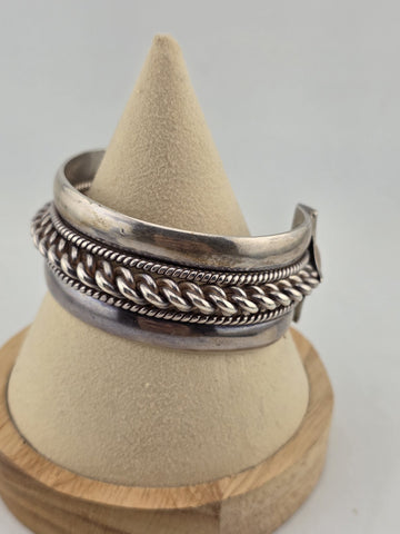 Heavy Native American Triple Beaded Silver 0.999  Cuff Bracelet 92g Navajo Style