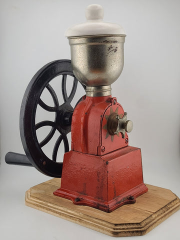 Vintage Elma Big Wheel Coffee Mill Grinder Cast Iron Wheel Mounted On Wood Base