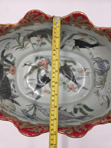 Antique XL Chinese handpainted Red porcelain 24kt gold Oval Footbath, Jardiniere