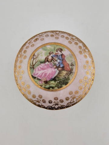 Antique Porcelain Victorian Love Scene 3 Footed Trinket Box w/ Cross Arrow Mark
