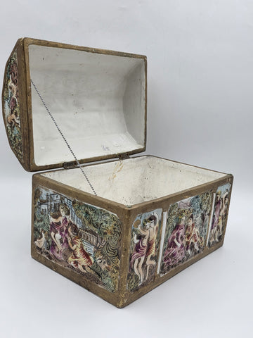 Rare Antique 19th C Large Capodimonte Gilded Porcelain Jewlery Box hand painted.