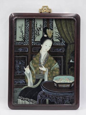 Antique Chinese Reverse Painted Glass Court Lady Portrait Hardwood Frame 14"