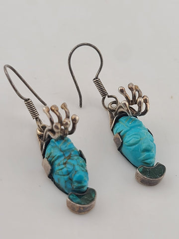 OOAK Vintage Mexican Sterling Silver Aztec-Style Turquoise Face Drop Earrings