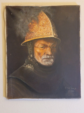 Antique European Oil on Canvas Painting, Man In Gold Helmet. signed H. BARBIERI.