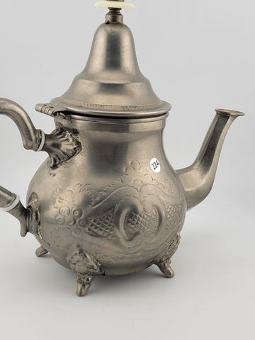 Vintage Antique Hand Made Silver Plated Moroccan Teapot With Feet. Stamped.