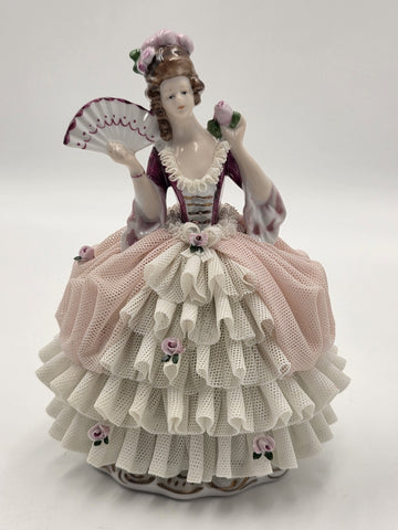 Vintage German Dresden Style Porcelain Lace Lady Figurine Fan Rose 7"