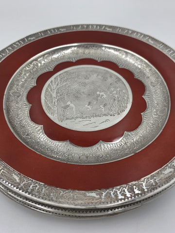 Set of 3 Antique Czech Silver Inlaid Red Enamel Fairy Plates c.1910 Art Nouveau