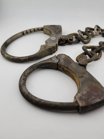 Rare Antique Late 19th C Pair Of Original Mattatuck Co. USA Handcuffs. No Key.