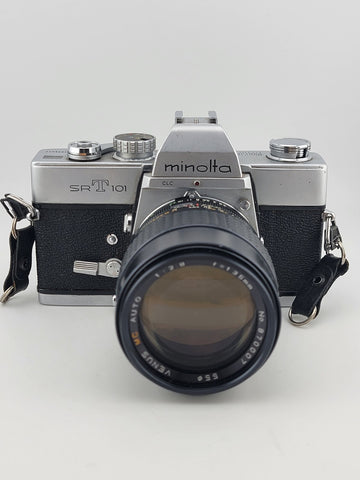 Minolta SRT 101 35mm SLR Film Camera W Venus 1:2.8 F 1 35mm Lens. Untested.