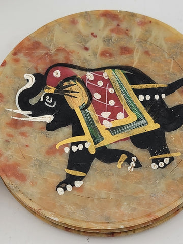 Rare Set Handcrafted Marble Soapstone 6 Coaster Elephant Painted Art India