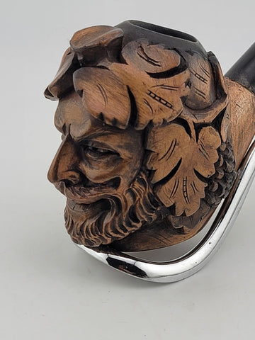 Vintage European Wood Block Pipe Hand Carved Bacco Baccus Greek Worrior Theme.