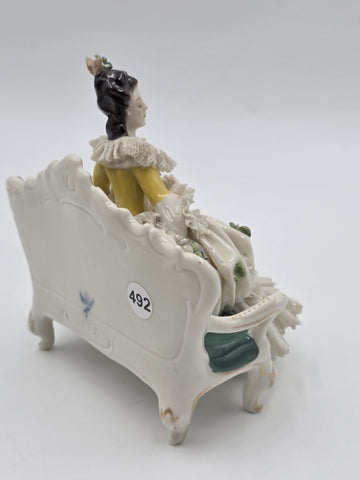 Vintage Dresden Lace Porcelain Lady Figurine Seated On Settee Sofa Germany 1078