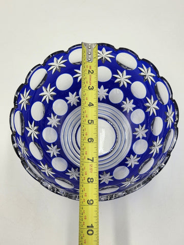 Rare Vintage Bohemian Hand Cut Crystal Glass Blue to Clear bowl SIGNED 8.75”