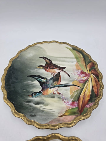 SET OF 2 ANTIQUE LIMOGES FRANCE LRL HAND PAINTED BIRDS CABINET PLATE SIGNED