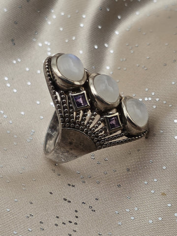 Rare Himalayan Gems 3-Moonstone & Amethyst Multistone Sterling Silver Ring. 9.5