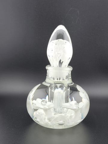Vintage Joe St. Clair Art Glass Perfume bottle White Flowers Paper Weight Style