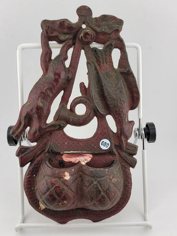 19 C original antique cast iron hunting game wall match safe wall pocket holder