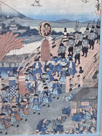 Framed Original 19thC Japanese Woodblock Print Kunisada Tokaido Nihonbashi Scene