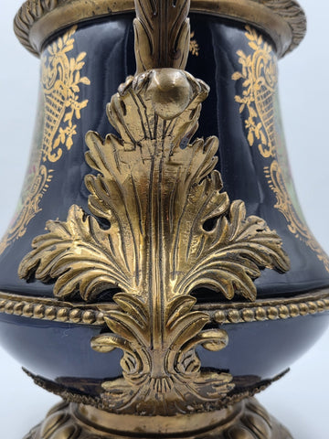 Antique French Cobalt Blue Porcelain &Brass Ewer Fragonard Scene Gilt Bronze 23"