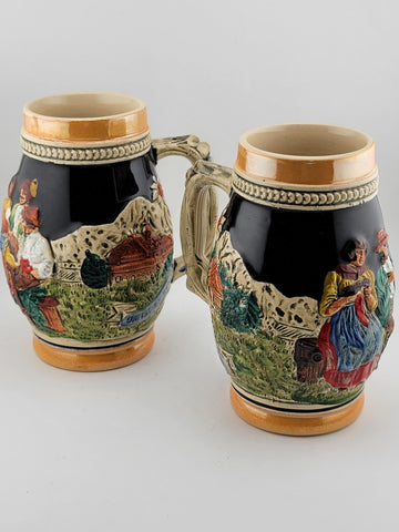 Lot Of 2 Vintage Hand Painted Ceramic West German Beer Stein. Bavaria Scene.