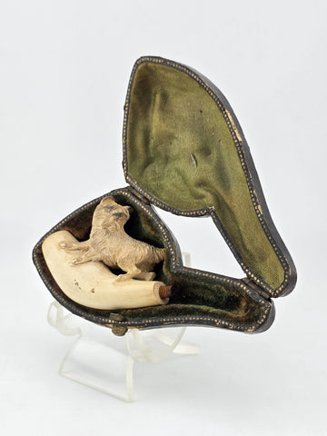 Antique 19th C ECHT German Meerschaum Pipe Hunting Dog Theme W Original Case.