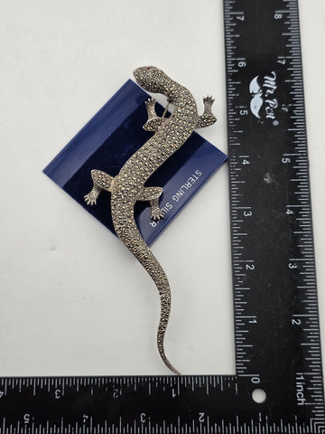 LARGE STERLING SILVER MARCASITE LIFE SIZE LIZARD PIN BROOCH SALAMANDER. 6 Inch.